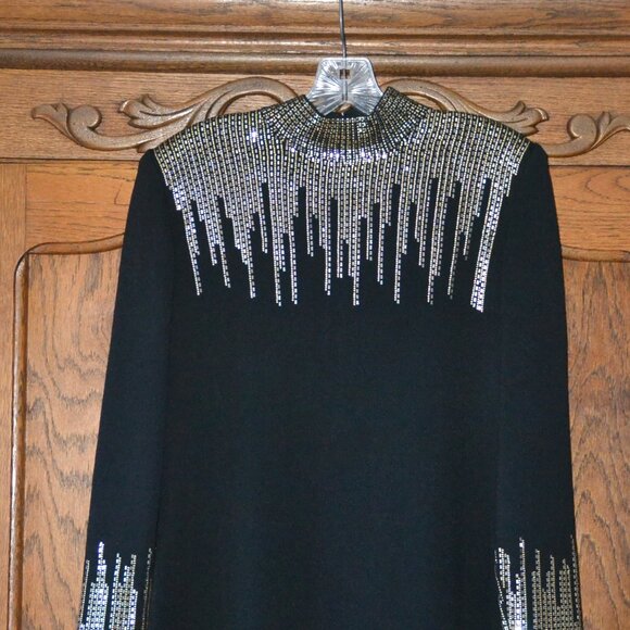 ST JOHN Evening Black with Silver & Gold Paillette Embellished Mock Neck Dress 6 - Picture 3 of 10